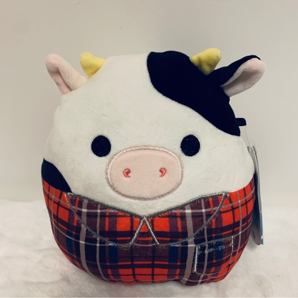 Squishmallow Connor Cow 🐮, Harvest Squad, Red Plaid Jacket, 7” New